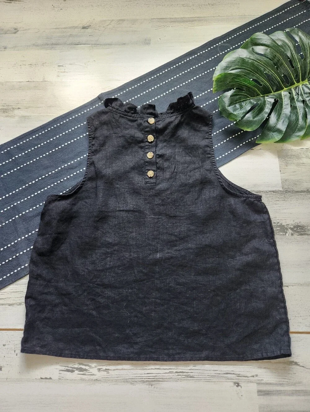J.Crew Fleur Tank Top In Linen Ruffle Neckline Black Size Medium